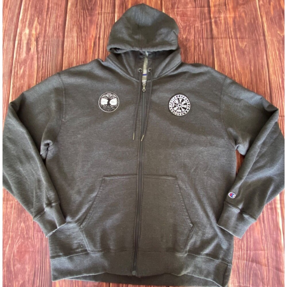 Champion Zip Hoodie Men's XXL Gray Norse Vegvisir Tree Patch Full Zip Sweatshirt